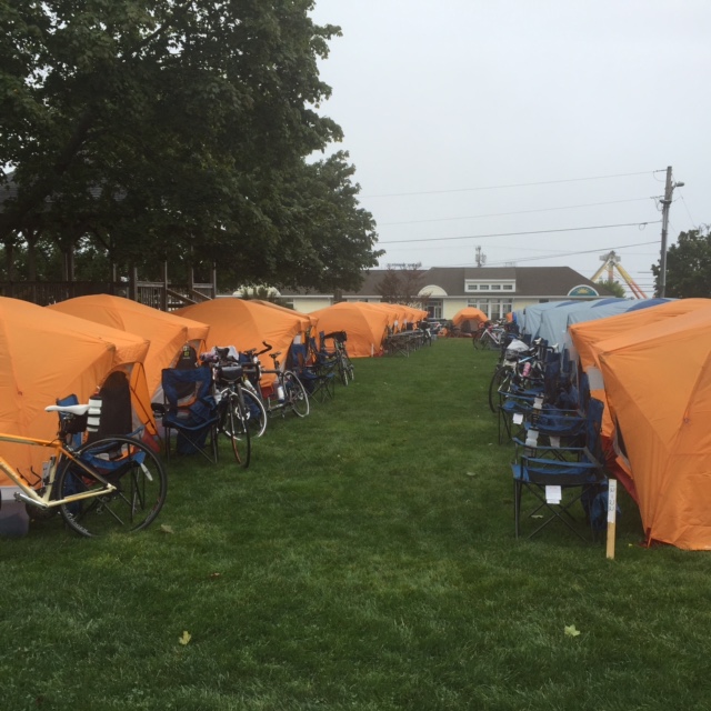 A view of the tent city where cyclists spend their nights.