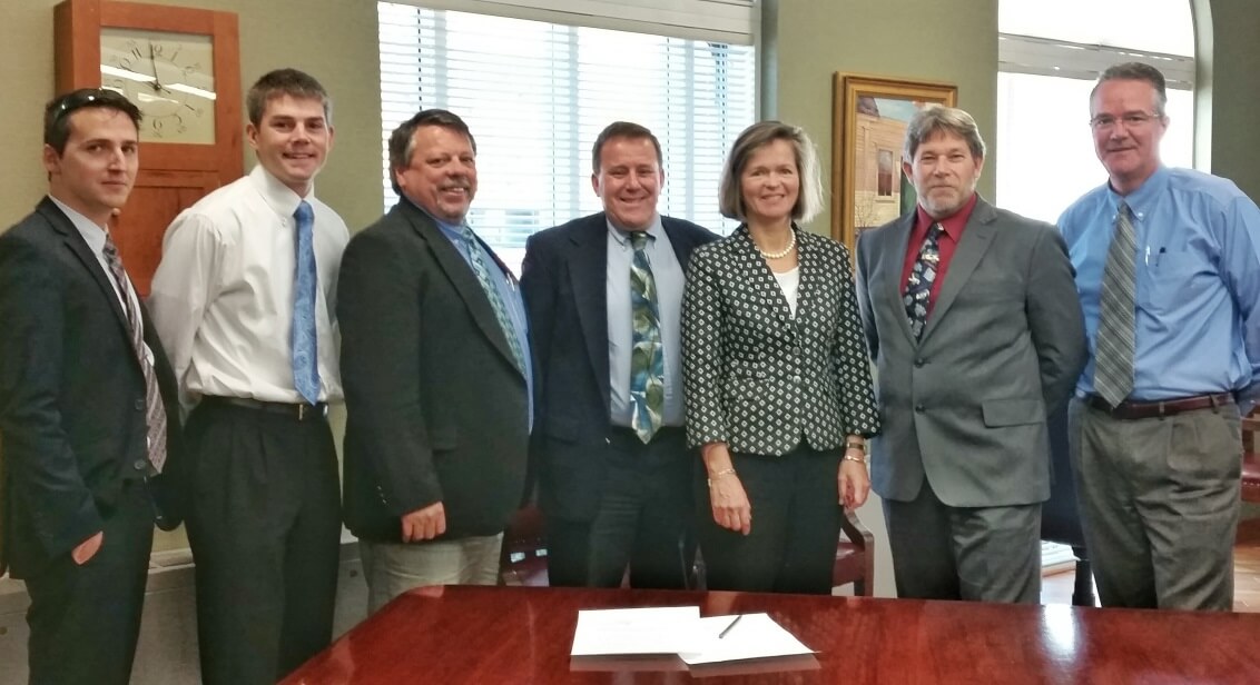 Pictured Left to Right: Zakk Maher Business Loan Officer, CCFC; Ian Pullen, Assistant Vice President, Commercial Lender, NSB; Glen Holmes, Director of Business Lending, CCFC; Sean Hadley CEO, CCI, Patricia Weigel, President and CEO, NSB; Dennis Lajoie CEO, CCFC; and Brian Shibles Executive Vice President and Treasurer, NSB.