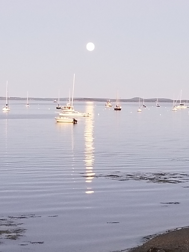 moon rise over water and boats
