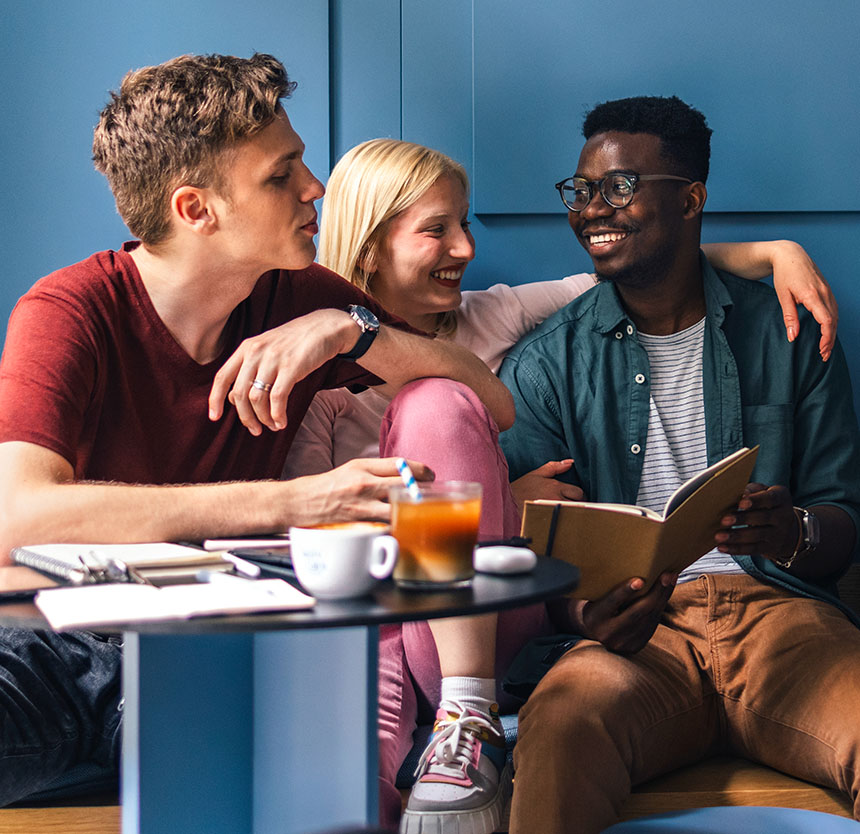 3 college students happy together and because they have checking at norway savings